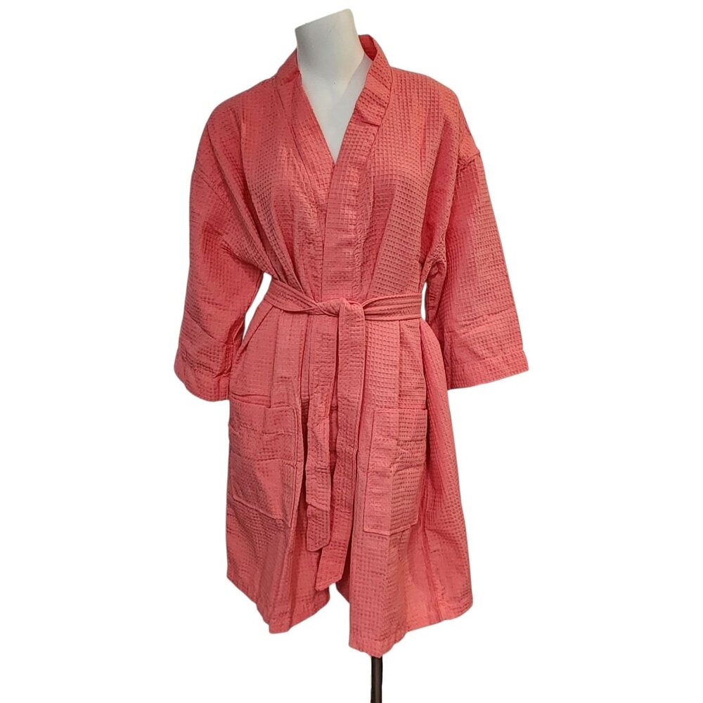 Chakir Turkish Linen Robe Short Lightweight Waffle Knit Bath Spa Kimono Salmon